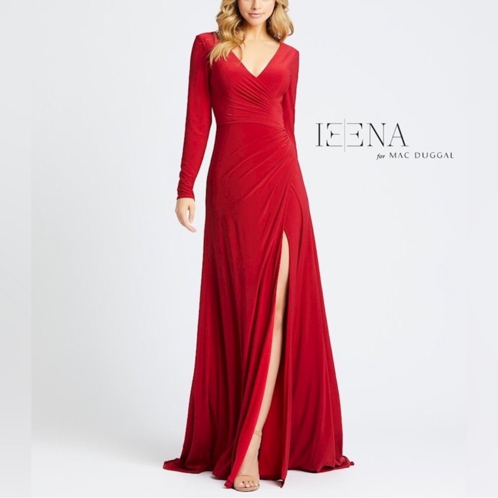 Mac Duggal Cherry Red Long Sleeve Pageant Gown with Trail Altered for 5’2” Sz 4